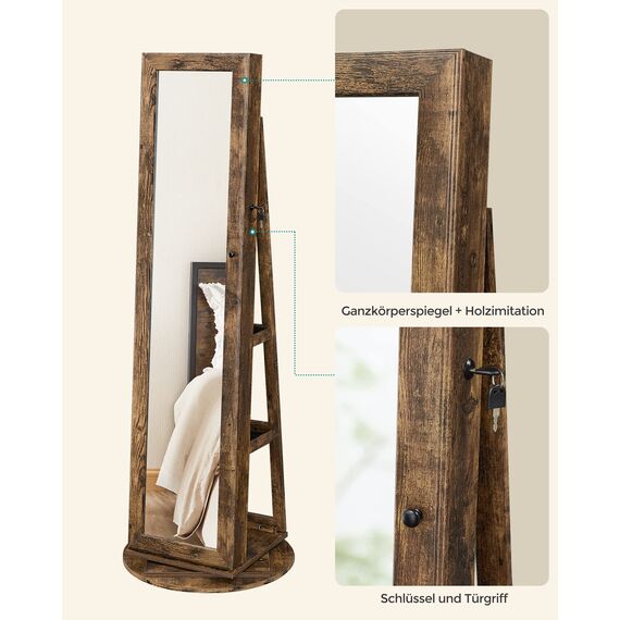 SONGMICS Schmuckschrank, Spiegelschrank, mit Ganzkörperspiegel, um 360° drehbar, Schmuckaufbewahrung, abschließbar, mit Schlüsseln, Schlafzimmer, Geschenkidee, vintagebraun JJC062K01