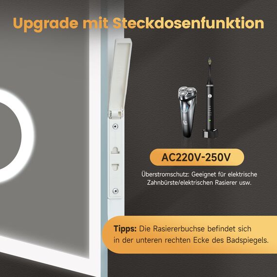 YOLEO Badspiegel mit Beleuchtung, LED Spiegel mit Uhr, Temperatur, 3-Fach Vergrößerung, Wandspiegel mit Steckdose, Badezimmerspiegel LED Beschlagfrei, 3 einstellbare Lichtfarbe, 100x60cm