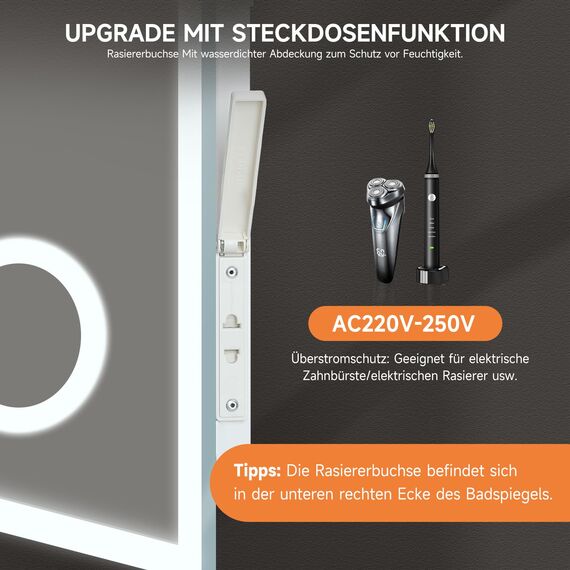 YOLEO Badspiegel mit Beleuchtung, LED Spiegel Wandspiegel mit Steckdose, Badezimmerspiegel LED Beschlagfrei, 3 einstellbare Lichtfarbe (Schminkspiegel+Uhr+Steckdose+3 Lichtfarbe, 80x60cm)