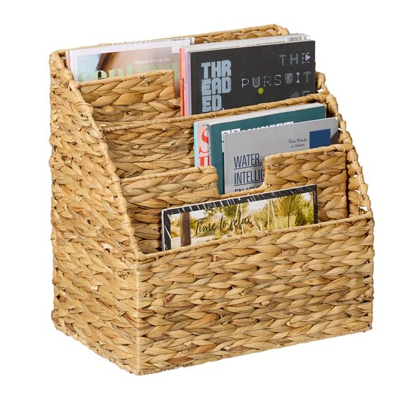 Relaxdays Zeitungsständer, Wasserhyazinthe, HxBxT: 41 x 40 x 25 cm, 4 Fächer, geflochtener Zeitschriftenständer, Natur