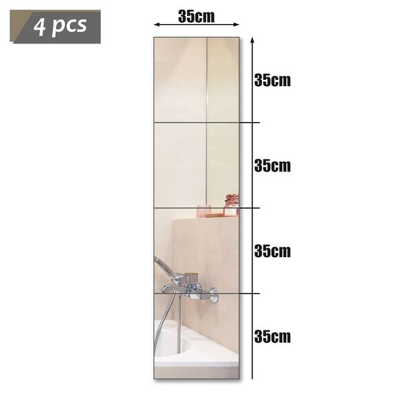 Muzilife Glas Spiegelfliesen 4 Stücke 35x35cm DIY Wandspiegel mit 4 Klebe Mat HD Spiegel Set in Küche, Wohn- und Badezimmer
