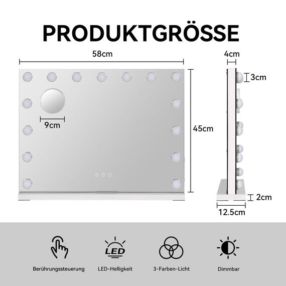 YU YUSING Hollywood Schminkspiegel mit Beleuchtung 58x45cm, 15 LED Licht Dimmbar Kosmetikspiegel 3 Modi, Vanity Spiegel Tischspiegel Wandspiegel mit USB 10X Vergrößerung für Schlafzimmer Schminktisch