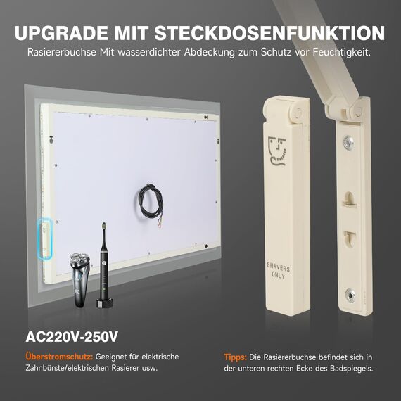 YOLEO Badspiegel mit Beleuchtung 80x60cm, Wandspiegel mit Steckdose, Badezimmerspiegel LED mit Touchschalter, 3 Lichtfarben dimmbar Warmweiß/Kaltweiß/Neutral