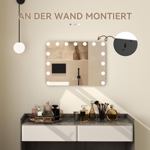 YU YUSING Hollywood Schminkspiegel mit Beleuchtung 58x45cm,15 Dimmbare Groß LED Licht, Kosmetikspiegel 3 Modi, Touch Control, Tischspiegel Wandspiegel, Schlafzimmer Schminktisch, Abgerundeten Ecken