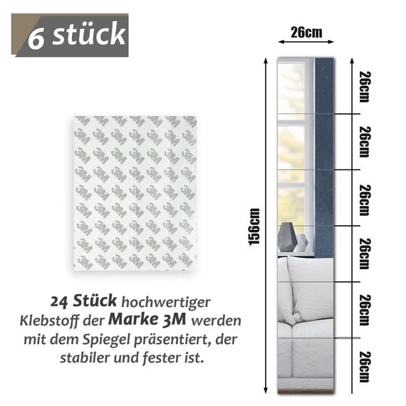 Muzilife Glas spiegelfliesen selbstklebend, 6 Stücke 26x26cm DIY Wandspiegel mit 24 Klebe zum Aufkleben, HD Spiegel Set in Küche, Wohn- und Badezimmer