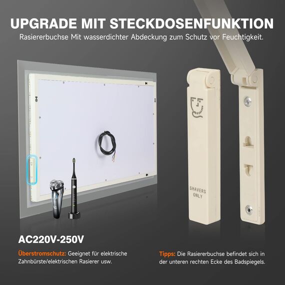 YOLEO Badspiegel mit Beleuchtung 100x60 cm, Wandspiegel mit Steckdose, LED-Spiegel mit Touchschalter und Beschlaghemmungsfunktion, Kaltweiß 6500K