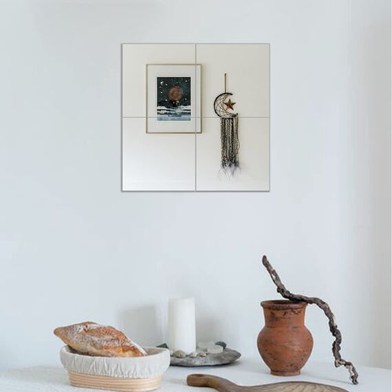 Muzilife Glas Spiegelfliesen 4 Stücke 35x35cm DIY Wandspiegel mit 4 Klebe Mat HD Spiegel Set in Küche, Wohn- und Badezimmer