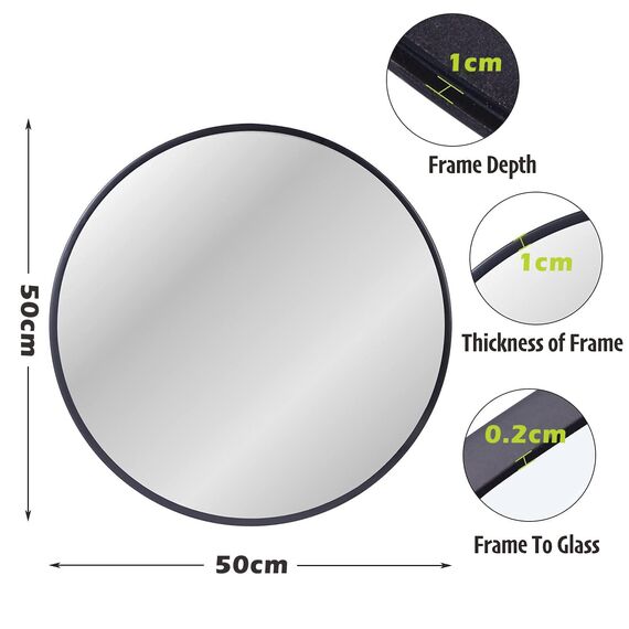 zenmag Spiegel Rund, 50x50 cm Wandspiegel Rund mit hochwertigen Schwarz Metallrahmen, Badezimmerspiegel, Moderner Design großer Spiegel, für Diele, Badezimmer, Wohnzimmer und Mehr