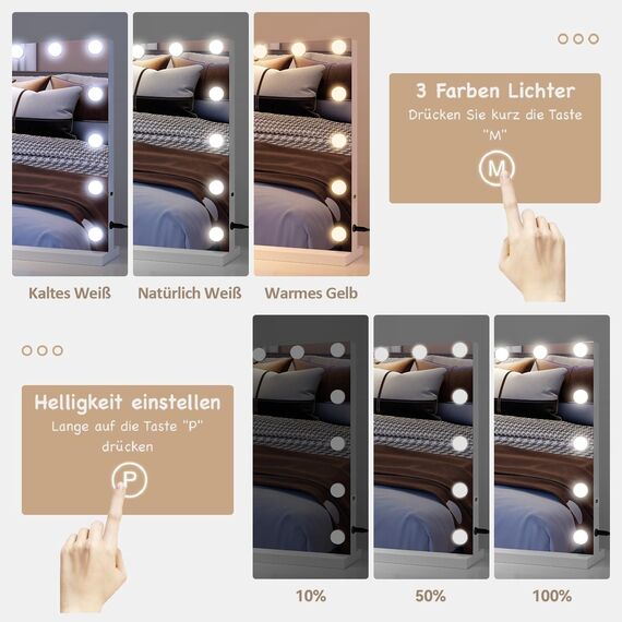 YU YUSING Hollywood Schminkspiegel mit Beleuchtung 58x45cm, 15 LED Licht Dimmbar Kosmetikspiegel 3 Modi, Vanity Spiegel Tischspiegel Wandspiegel mit USB 10X Vergrößerung für Schlafzimmer Schminktisch