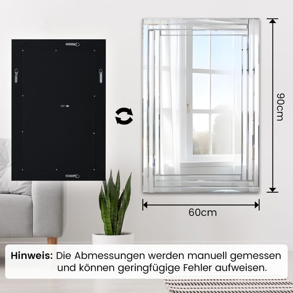 Muzilife Spiegel Rahmenloser Wandspiegel 90x60cm, Rechteckiger Dekospiegel Einzigartiger Dekorativer Großer Wandspiegel mit MDF-Rückwand für Wand Wohnzimmer Flur Eingang Deko