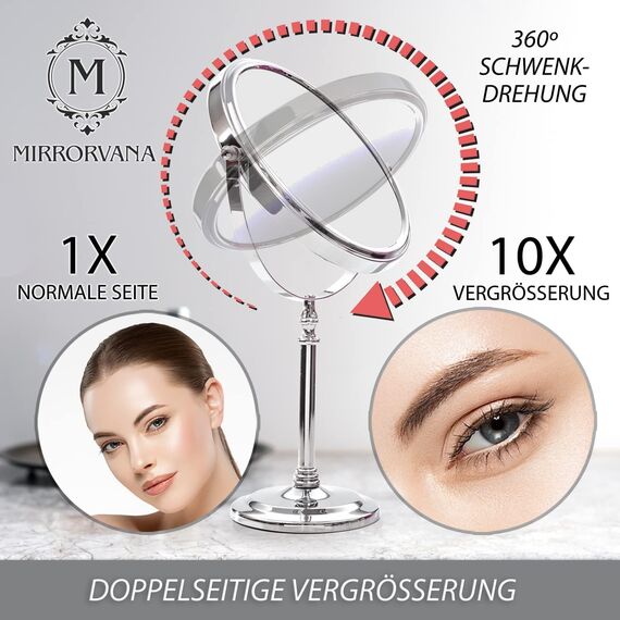 Mirrorvana Kosmetikspiegel mit 10fach Vergrößerung, Doppelseitiger Tischspiegel 360° Schwenkbar, Schminkspiegel 10fach und 1fach für Badezimmer, Standspiegel 20 cm