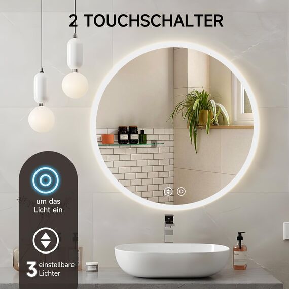 YOLEO Badspiegel mit Beleuchtung rund 50cm, Badezimmerspiegel LED Spiegel Wandspiegel mit Touchschalter, Speicherfunktion，Lichtspiegel Dimmbar Warmweiß/Kaltweiß/Neutral