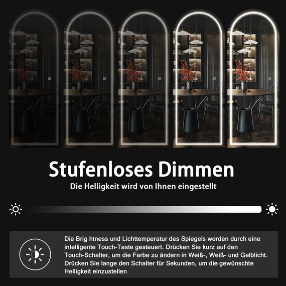 CASSILANDO 160x50 gewölbter Ganzkörperspiegel, LED Spiegel Ganzkörperspiegel mit Licht, Beleuchteter Bodenspiegel, Ankleidespiegel, Eitelkeitsspiegel für Schlafzimmer, Dimmen &3 Farbmodi (weiß)