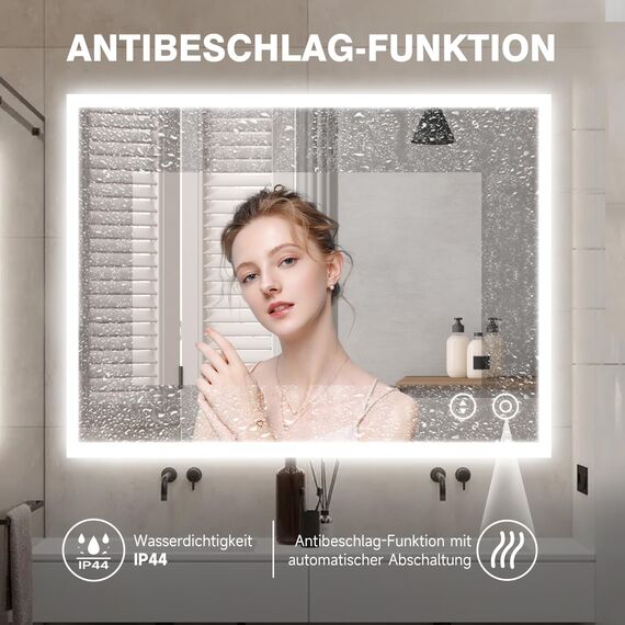 YOLEO Badspiegel mit Beleuchtung 80x60cm, Wandspiegel mit Steckdose, Badezimmerspiegel LED mit Touchschalter, 3 Lichtfarben dimmbar Warmweiß/Kaltweiß/Neutral