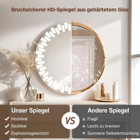 YOLEO Badspiegel rund mit Beleuchtung 80cm, Wandspiegel LED Badezimmerspiegel Antibeschlag großer Schminkspiegel, Berührungstaste Dimmbares 3 Farben LED-Licht 6500K
