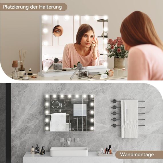 YU YUSING Hollywood Schminkspiegel mit Beleuchtung 58x45cm, 15 LED Licht Dimmbar Kosmetikspiegel 3 Modi, Vanity Spiegel Tischspiegel Wandspiegel mit USB 10X Vergrößerung für Schlafzimmer Schminktisch