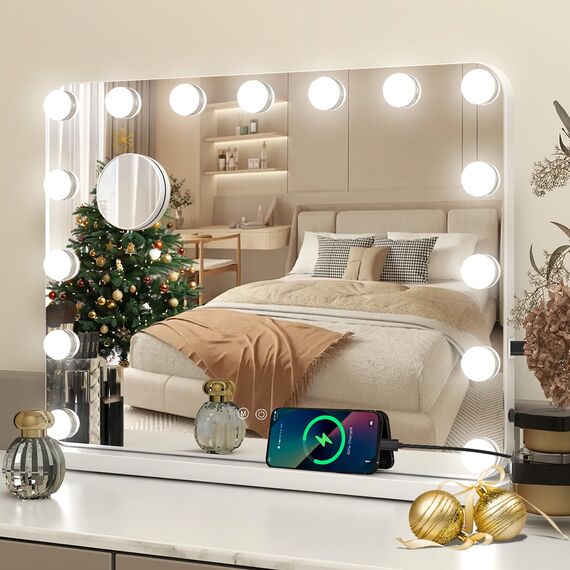 YU YUSING Hollywood Schminkspiegel mit Beleuchtung 58x45cm,15 Dimmbare Groß LED Licht, Kosmetikspiegel 3 Modi, Touch Control, Tischspiegel Wandspiegel, Schlafzimmer Schminktisch, Abgerundeten Ecken