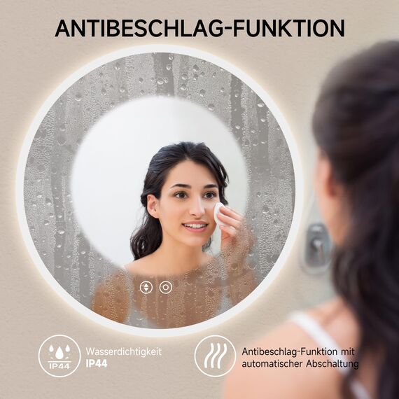 YOLEO Badspiegel rund mit Beleuchtung 70cm, LED Spiegel mit Touchschalter, Badzimmerspiegel LED Beschlagfrei, 3 stufenlos einstellbare Lichtfarbe