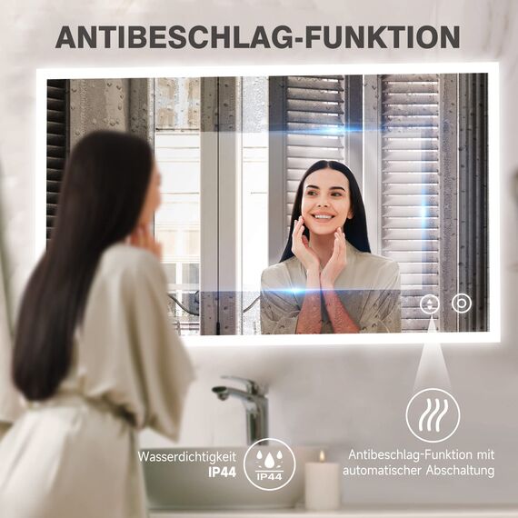 YOLEO Badspiegel mit Beleuchtung 100x60 cm, Wandspiegel mit Steckdose, LED-Spiegel mit Touchschalter und Beschlaghemmungsfunktion, Kaltweiß 6500K