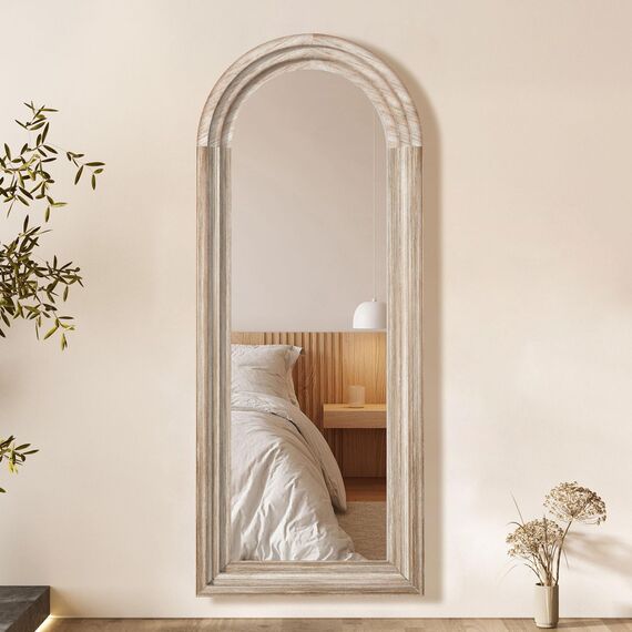 CASSILANDO Spiegel gebogen 165x60cm Holz Wand Full Length Distressed große Bodenspiegel für Wohnzimmer, Schlafzimmer, Eingang. (Witterung Weiß)