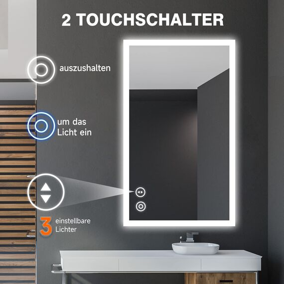 YOLEO Badspiegel mit Beleuchtung 100x60 cm, Wandspiegel mit Steckdose, LED-Spiegel mit Touchschalter und Beschlaghemmungsfunktion, Kaltweiß 6500K