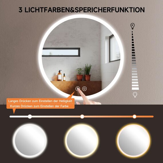 YOLEO Badspiegel rund mit Beleuchtung 70cm, LED Spiegel mit Touchschalter, Badzimmerspiegel LED Beschlagfrei, 3 stufenlos einstellbare Lichtfarbe