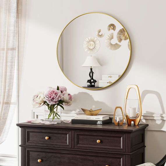 Koonmi 60cm Runder Spiegel Gold Spiegel Rund Wandspiegel mit Rahmen aus Aluminiumlegierung für Badezimmer, Waschtisch, Wohnzimmer, Schlafzimmer, Eingang Wanddekoration