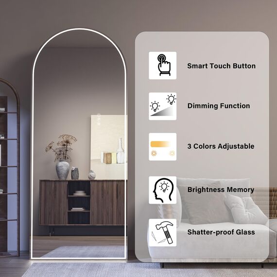 CASSILANDO 165x60 gewölbter Ganzkörperspiegel, LED Spiegel Ganzkörperspiegel mit Licht, Beleuchteter Bodenspiegel, Ankleidespiegel, Eitelkeitsspiegel für Schlafzimmer, Dimmen & 3 Farbmodi (weiß)