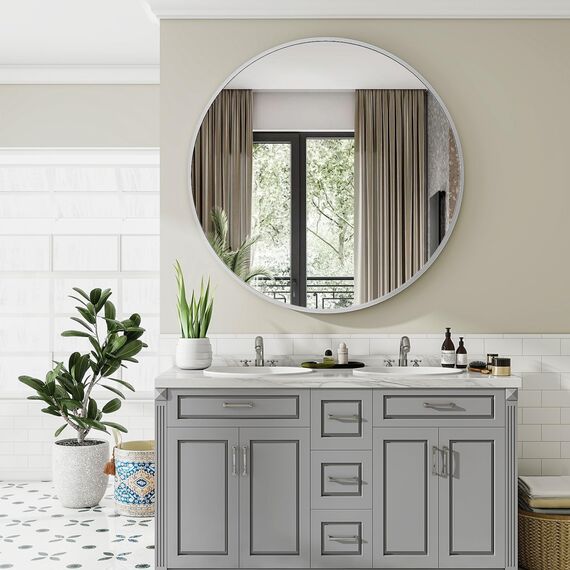 Koonmi 120 cm Spiegel Rund Silber, großer Runder Spiegel Wandspiegel mit Rahmen aus Aluminiumlegierung für Badezimmer, Waschtisch, Wohnzimmer, Schlafzimmer, Eingangsbereich Wanddekoration