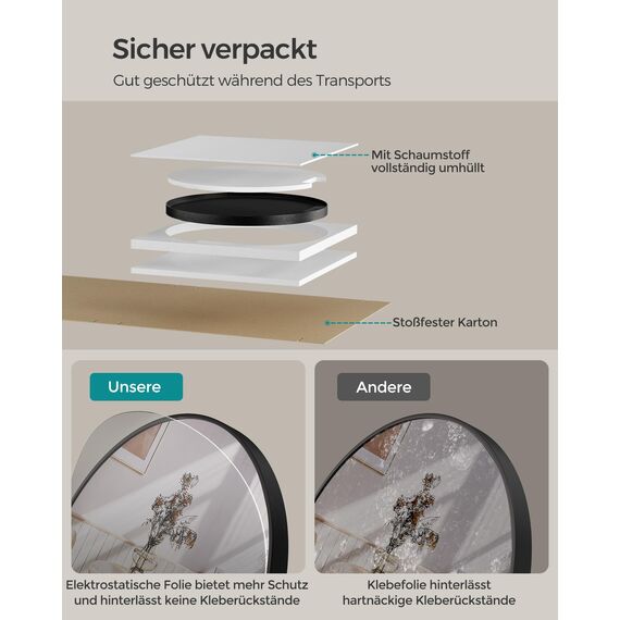 SONGMICS 61 cm d Spiegel rund, runder Spiegel, Wandspiegel, Metallrahmen, einfache Montage, modern, für Bad, Wohnzimmer, Schlafzimmer, Flur, Eingangsbereich, tintenschwarz LWM102BD03