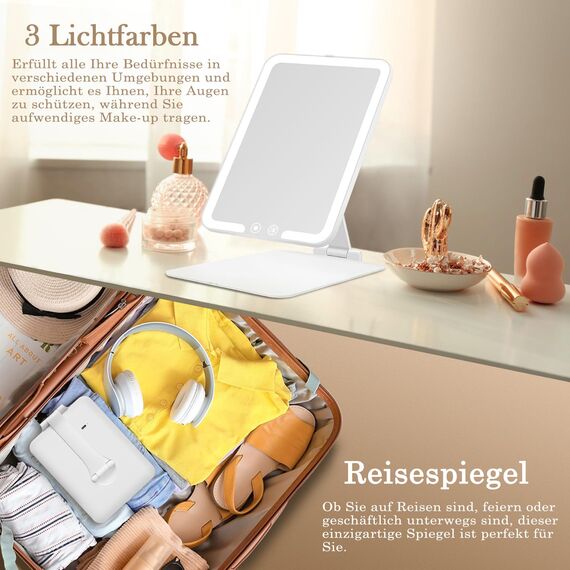 FANCYSEEU Kosmetikspiegel mit Beleuchtetung, 1500mAh Wiederaufladbar Touchscreen Schminkspiegel, 3 Farben Dimmbarer Faltbar Tischspiegel, Ultraschlank Tragbarer Reisespiegel (Weiß)