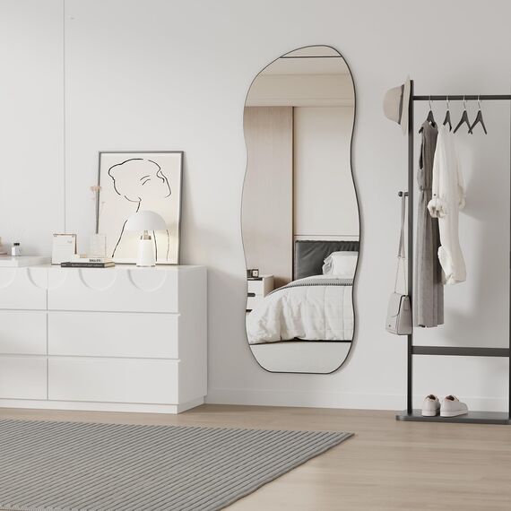 Muzilife Asymmetrischer Standspiegel Ganzkörperspiegel 160x60cm, Rahmenloser Spiegel Unregelmäßiger Großer Wandspiegel mit MDF-Rückwand, Deko für Wand Wohnzimmer Flur Eingang (Wellenform)