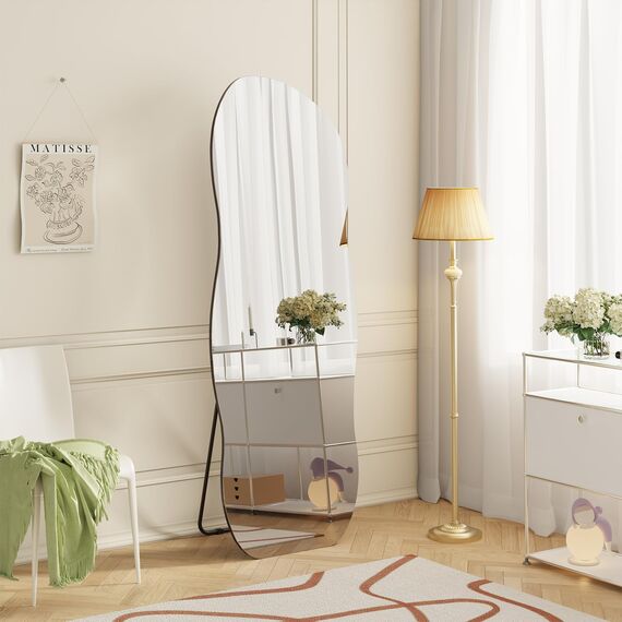 Muzilife Asymmetrischer Standspiegel Ganzkörperspiegel 160x60cm, Rahmenloser Spiegel Unregelmäßiger Großer Wandspiegel mit MDF-Rückwand, Deko für Wand Wohnzimmer Flur Eingang (Wellenform)
