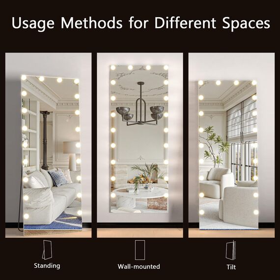 CASSILANDO Voll Länge Spiegel mit Lichtern, 160x50 Boden Körper Hollywood StehendSpiegel, Wand montierte Spiegel mit Licht für Schlafzimmer, Dimmen & 3 Farbmodi (Weiß)