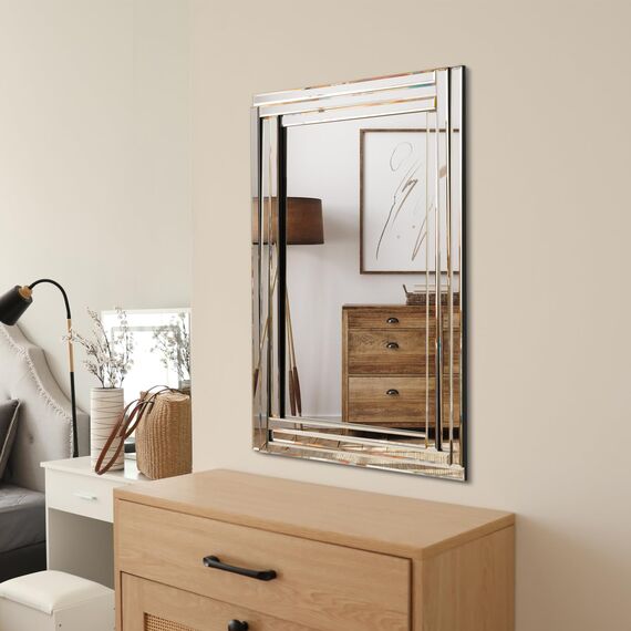 Muzilife Spiegel Rahmenloser Wandspiegel 90x60cm, Rechteckiger Dekospiegel Einzigartiger Dekorativer Großer Wandspiegel mit MDF-Rückwand für Wand Wohnzimmer Flur Eingang Deko