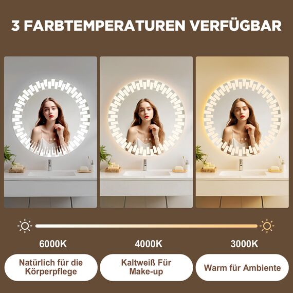 YOLEO Badspiegel rund mit Beleuchtung 80cm, Wandspiegel LED Badezimmerspiegel Antibeschlag großer Schminkspiegel, Berührungstaste Dimmbares 3 Farben LED-Licht 6500K