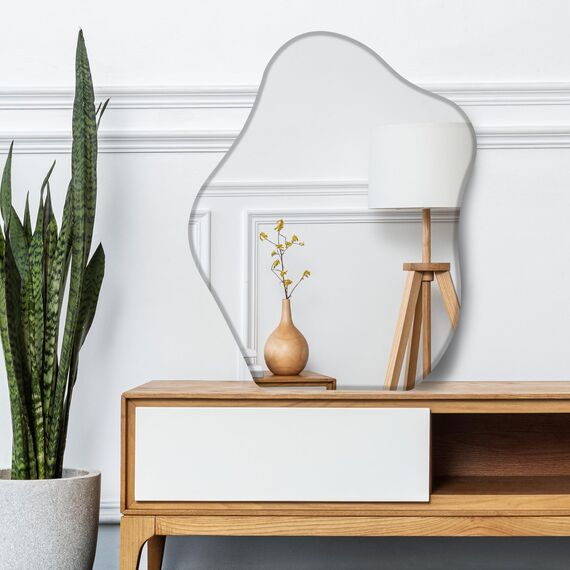 Muzilife Asymmetrischer Spiegel zum Aufhängen, Großer Rahmenloser Wandspiegel mit 58x70cm MDF-Rückwand, Unregelmäßiger Tischspiegel für Wohnzimmer Schlafzimmer Bad Flur Eingang