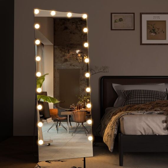 CASSILANDO Voll Länge Spiegel mit Lichtern, 160x50 Boden Körper Hollywood StehendSpiegel, Wand montierte Spiegel mit Licht für Schlafzimmer, Dimmen & 3 Farbmodi (Weiß)