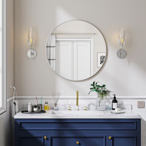 Koonmi 60cm Runder Spiegel Silber Wandspiegel mit Gebürstetem Metallrahmen für Bad, Waschtisch, Wohnzimmer, Schlafzimmer, Eingang Wanddekoration