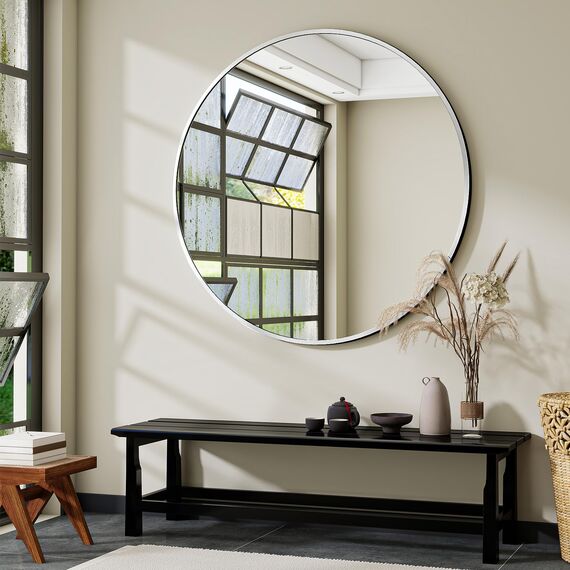 Koonmi 106 cm Spiegel Rund Silber, großer Runder Spiegel Wandspiegel mit Rahmen aus Aluminiumlegierung für Badezimmer, Waschtisch, Wohnzimmer, Schlafzimmer, Eingangsbereich Wanddekoration