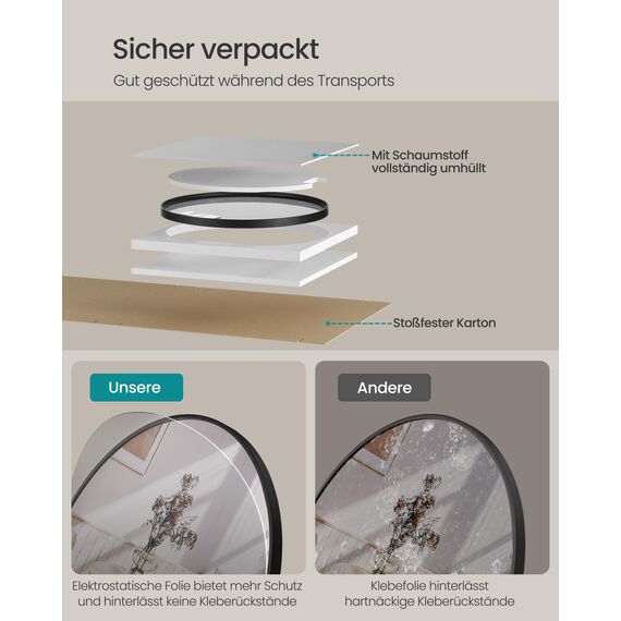 SONGMICS 76 cm d Spiegel rund, runder Spiegel, Wandspiegel, Metallrahmen, einfache Montage, modern, für Bad, Wohnzimmer, Schlafzimmer, Flur, Eingangsbereich, tintenschwarz LWM103BD03
