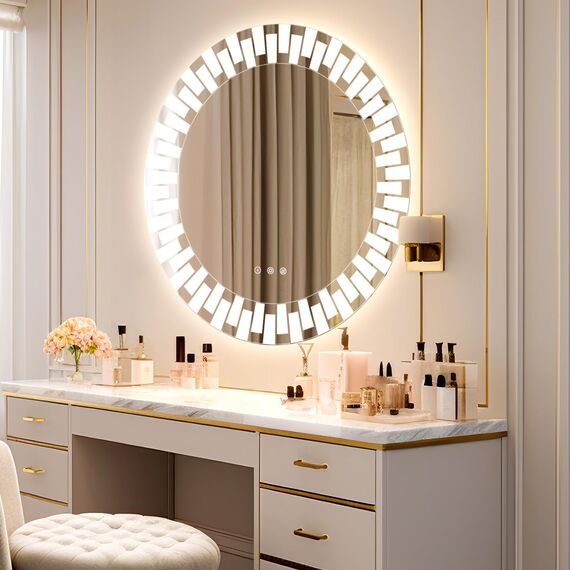 YOLEO Badspiegel rund mit Beleuchtung 80cm, Wandspiegel LED Badezimmerspiegel Antibeschlag großer Schminkspiegel, Berührungstaste Dimmbares 3 Farben LED-Licht 6500K