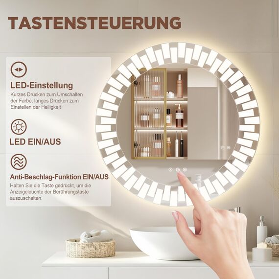 YOLEO Badspiegel rund mit Beleuchtung 80cm, Wandspiegel LED Badezimmerspiegel Antibeschlag großer Schminkspiegel, Berührungstaste Dimmbares 3 Farben LED-Licht 6500K