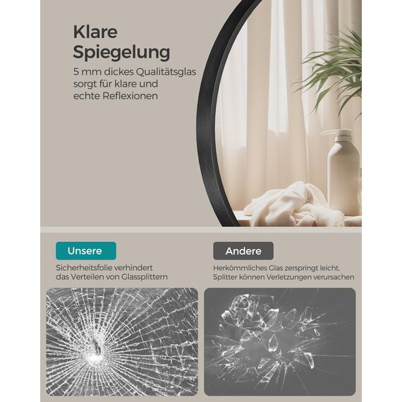 SONGMICS 61 cm d Spiegel rund, runder Spiegel, Wandspiegel, Metallrahmen, einfache Montage, modern, für Bad, Wohnzimmer, Schlafzimmer, Flur, Eingangsbereich, tintenschwarz LWM102BD03