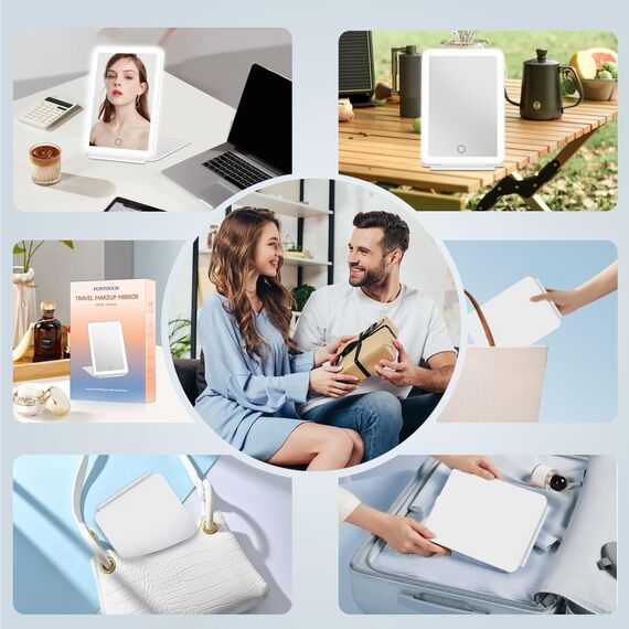 FUNTOUCH Wiederaufladbarer Kosmetikspiegel mit Beleuchtung, Reisespiegel mit 72 LED-Leuchten,Tragbarer Schminkspiegel,3-Farben-Beleuchtung, Dimmbarer Touchscreen, Faltbarer Reise Makeup Spiegel