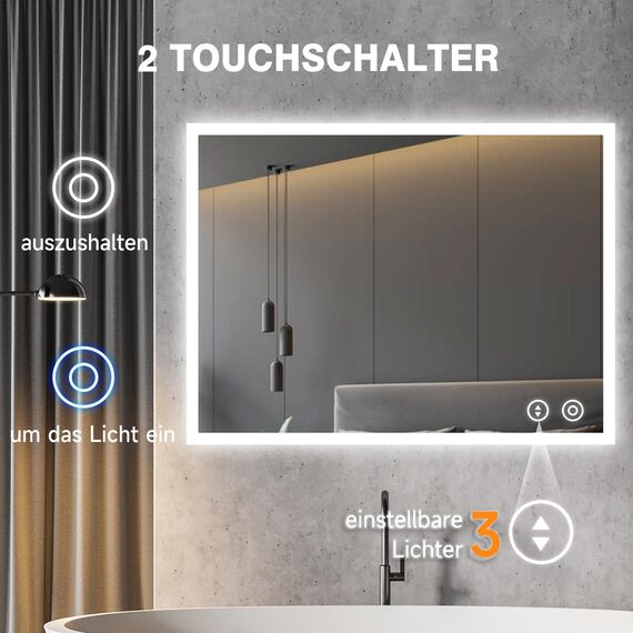 YOLEO Badspiegel mit Beleuchtung 80x60cm, Wandspiegel mit Steckdose, Badezimmerspiegel LED mit Touchschalter, 3 Lichtfarben dimmbar Warmweiß/Kaltweiß/Neutral
