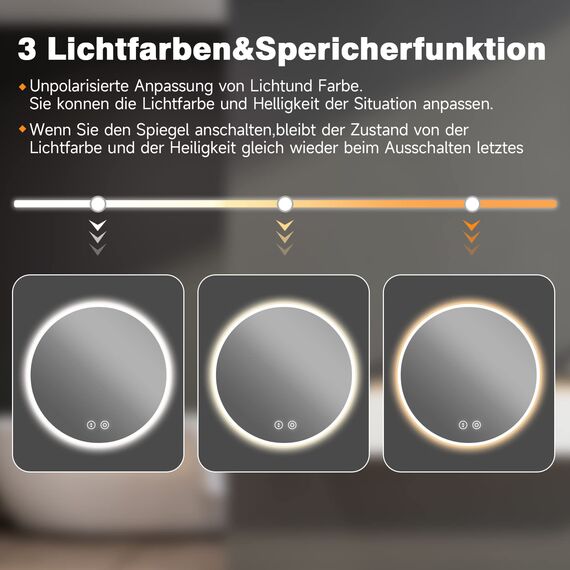 YOLEO Runder Badspiegel mit Beleuchtung, Spiegel rund 60cm mit Beleuchtung, Badezimmerspiegel Wandspiegel mit Touchschalter und Explosionsgeschütztes Glas, 3 Lichtfarben dimmbar, 6500K