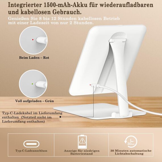 FANCYSEEU Kosmetikspiegel mit Beleuchtetung, 1500mAh Wiederaufladbar Touchscreen Schminkspiegel, 3 Farben Dimmbarer Faltbar Tischspiegel, Ultraschlank Tragbarer Reisespiegel (Weiß)
