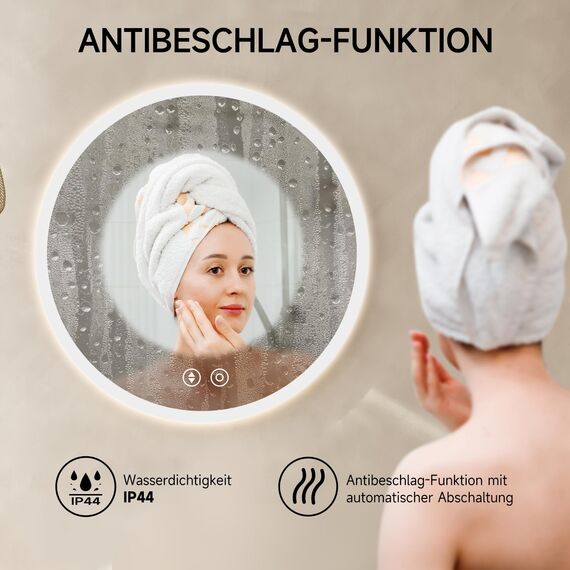 YOLEO Badspiegel mit Beleuchtung rund 50cm, Badezimmerspiegel LED Spiegel Wandspiegel mit Touchschalter, Speicherfunktion，Lichtspiegel Dimmbar Warmweiß/Kaltweiß/Neutral