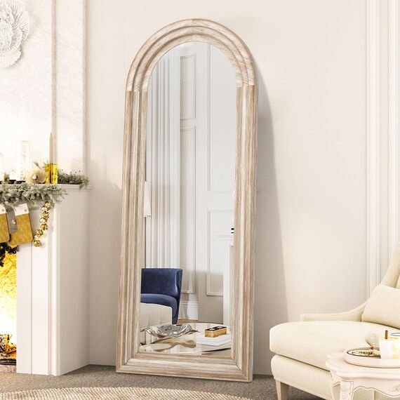 CASSILANDO Spiegel gebogen 165x60cm Holz Wand Full Length Distressed große Bodenspiegel für Wohnzimmer, Schlafzimmer, Eingang. (Witterung Weiß)